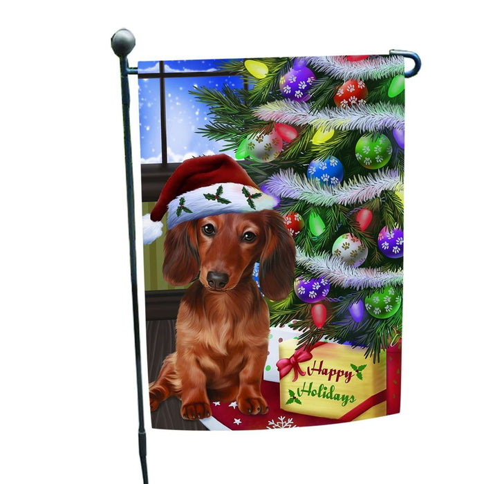 Christmas Happy Holidays Dachshunds Dog with Tree and Presents Garden Flag