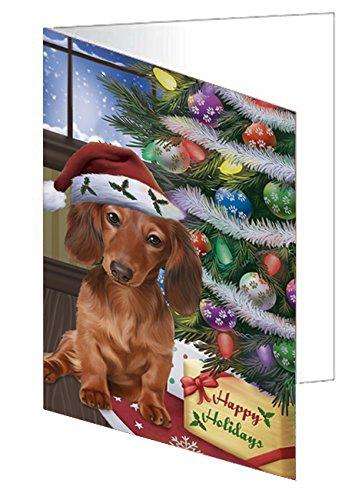 Christmas Happy Holidays Dachshunds Dog with Tree and Presents Handmade Artwork Assorted Pets Greeting Cards and Note Cards with Envelopes for All Occasions and Holiday Seasons