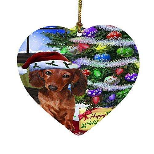 Christmas Happy Holidays Dachshunds Dog with Tree and Presents Heart Ornament D062