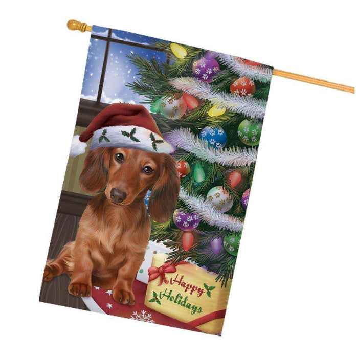 Christmas Happy Holidays Dachshunds Dog with Tree and Presents House Flag
