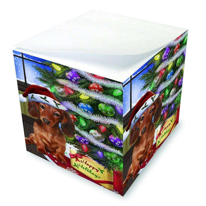 Christmas Happy Holidays Dachshunds Dog with Tree and Presents Note Cube D058