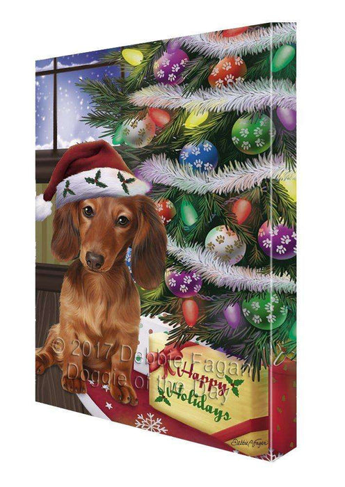 Christmas Happy Holidays Dachshunds Dog with Tree and Presents Painting Printed on Canvas Wall Art