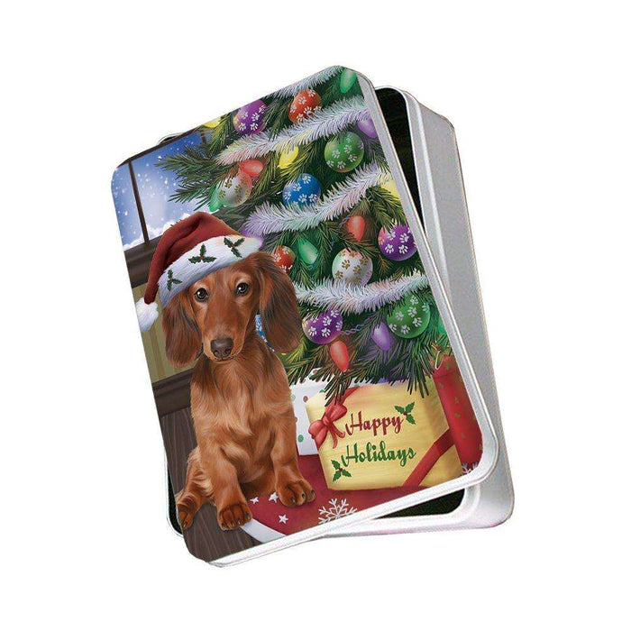 Christmas Happy Holidays Dachshunds Dog with Tree and Presents Photo Storage Tin