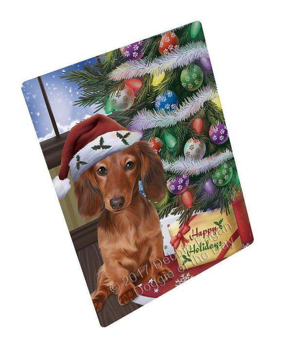 Christmas Happy Holidays Dachshunds Dog with Tree and Presents Tempered Cutting Board