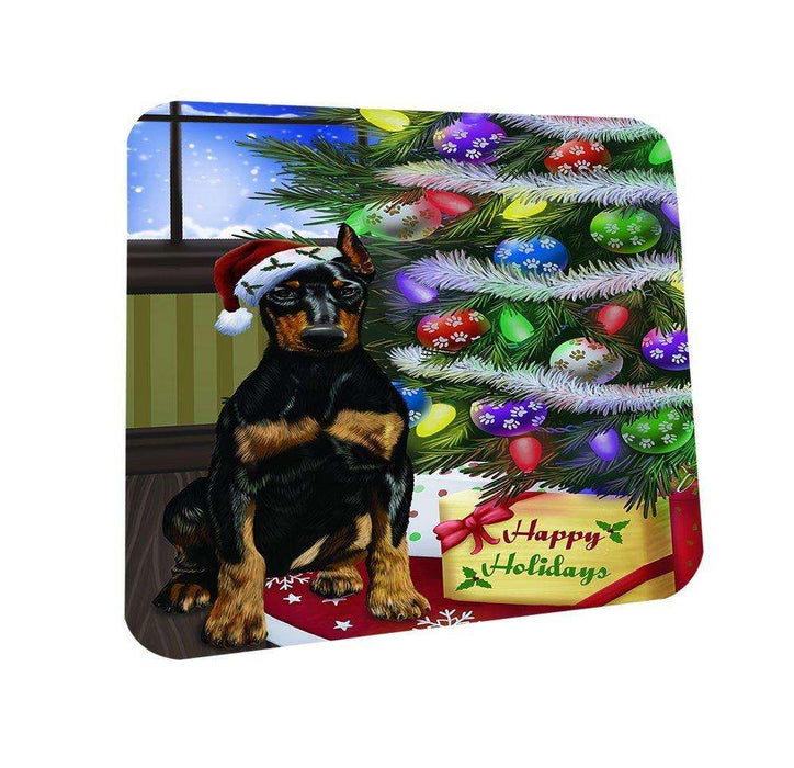 Christmas Happy Holidays Doberman Dog with Tree and Presents Coasters Set of 4