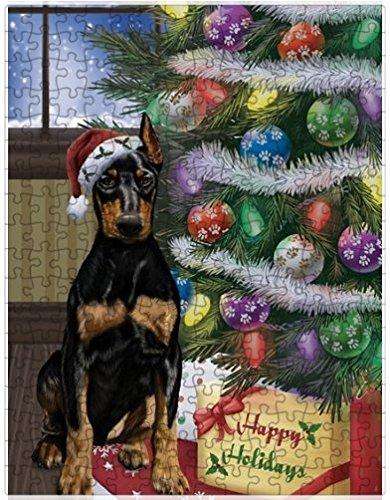 Christmas Happy Holidays Doberman Dog with Tree and Presents Puzzle with Photo Tin