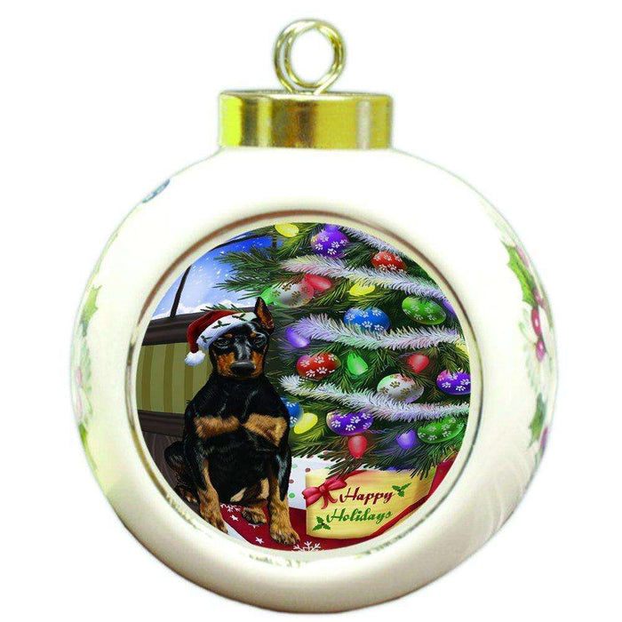 Christmas Happy Holidays Doberman Dog with Tree and Presents Round Ball Ornament D063