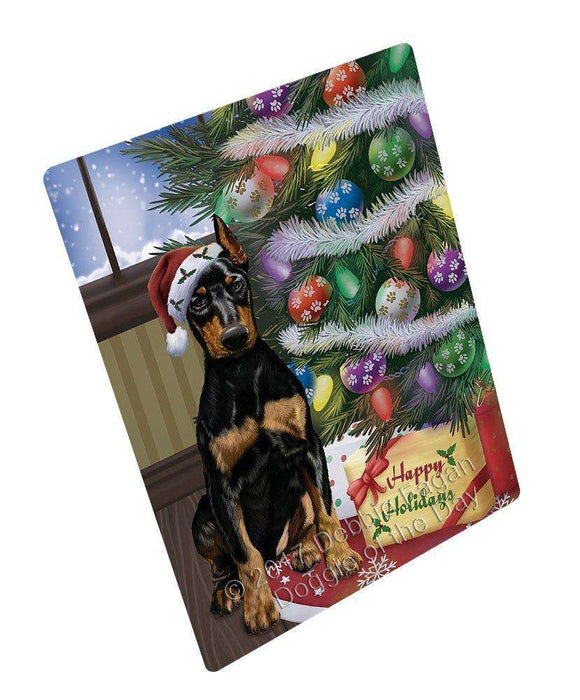 Christmas Happy Holidays Doberman Pinschers Dog with Tree and Presents Art Portrait Print Woven Throw Sherpa Plush Fleece Blanket