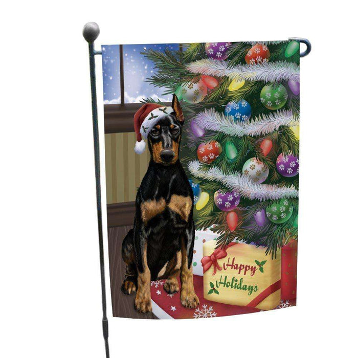 Christmas Happy Holidays Doberman Pinschers Dog with Tree and Presents Garden Flag