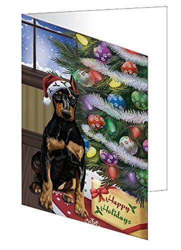 Christmas Happy Holidays Doberman Pinschers Dog with Tree and Presents Handmade Artwork Assorted Pets Greeting Cards and Note Cards with Envelopes for All Occasions and Holiday Seasons