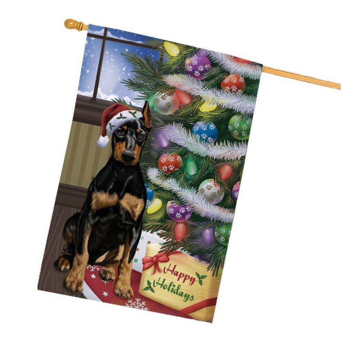 Christmas Happy Holidays Doberman Pinschers Dog with Tree and Presents House Flag