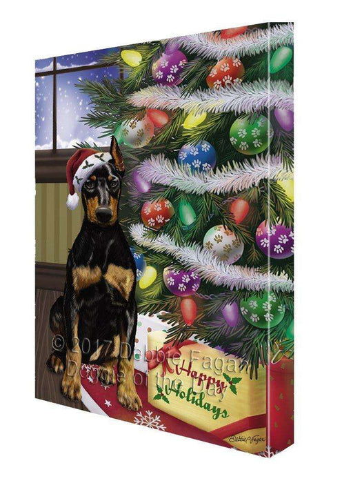 Christmas Happy Holidays Doberman Pinschers Dog with Tree and Presents Painting Printed on Canvas Wall Art