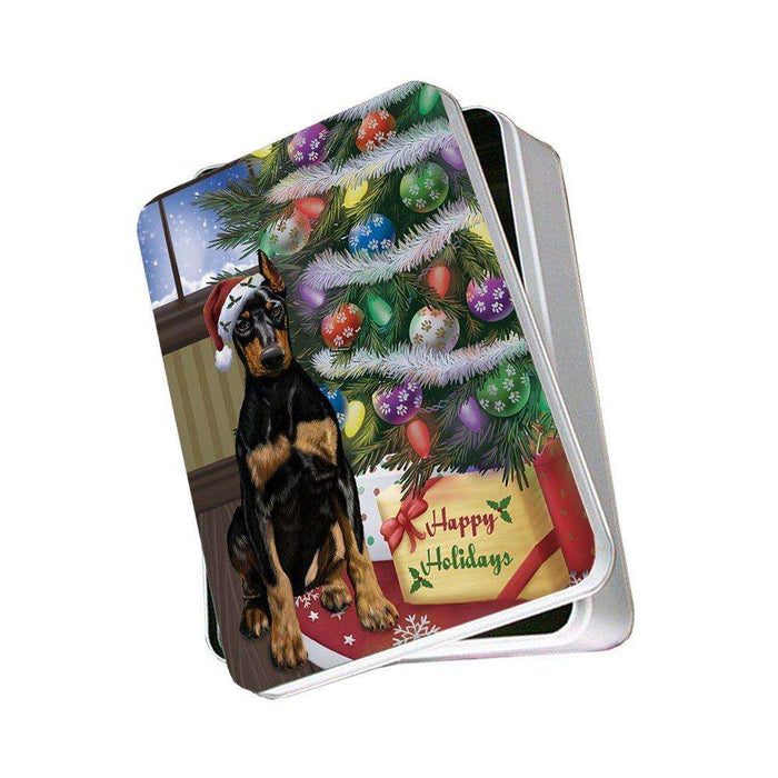 Christmas Happy Holidays Doberman Pinschers Dog with Tree and Presents Photo Storage Tin