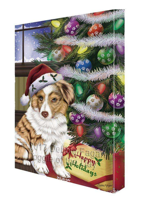 Christmas Happy Holidays Dog Australian Shepherd Dog with Tree and Presents Painting Printed on Canvas Wall Art