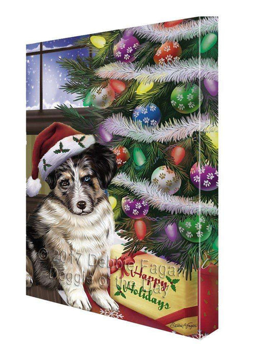 Christmas Happy Holidays Dog Australian Shepherd Dog with Tree and Presents Painting Printed on Canvas Wall Art