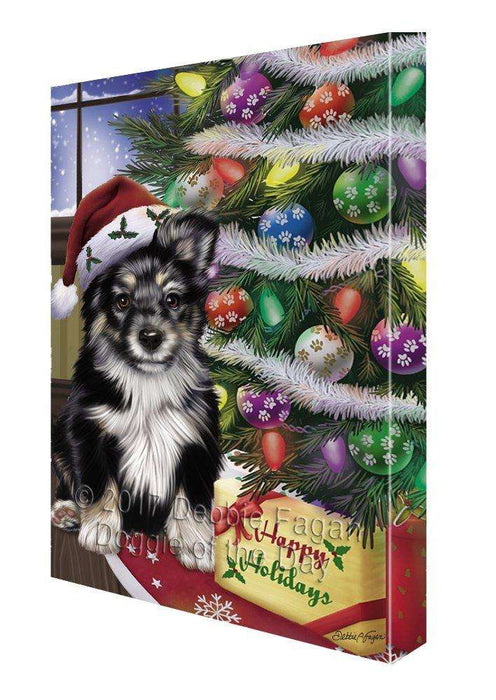 Christmas Happy Holidays Dog Australian Shepherd Dog with Tree and Presents Painting Printed on Canvas Wall Art