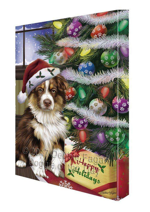 Christmas Happy Holidays Dog Australian Shepherd Dog with Tree and Presents Painting Printed on Canvas Wall Art