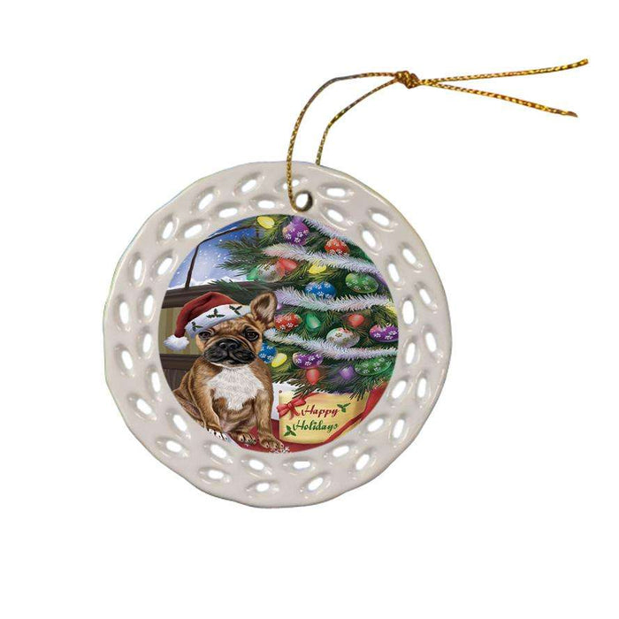 Christmas Happy Holidays French Bulldog with Tree and Presents Ceramic Doily Ornament DPOR53829