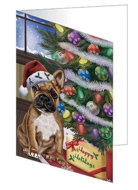 Christmas Happy Holidays French Bulldog with Tree and Presents Handmade Artwork Assorted Pets Greeting Cards and Note Cards with Envelopes for All Occasions and Holiday Seasons GCD65516