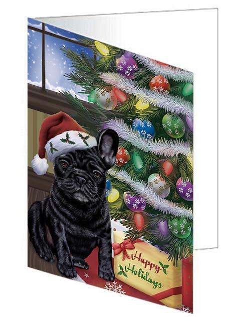 Christmas Happy Holidays French Bulldog with Tree and Presents Handmade Artwork Assorted Pets Greeting Cards and Note Cards with Envelopes for All Occasions and Holiday Seasons GCD65519
