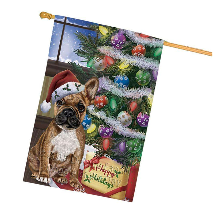 Christmas Happy Holidays French Bulldog with Tree and Presents House Flag FLG54027