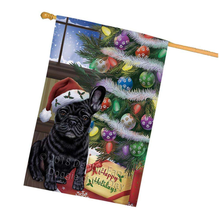 Christmas Happy Holidays French Bulldog with Tree and Presents House Flag FLG54028