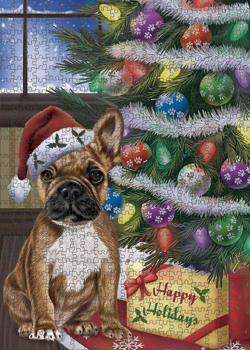 Christmas Happy Holidays French Bulldog with Tree and Presents Puzzle with Photo Tin PUZL82472