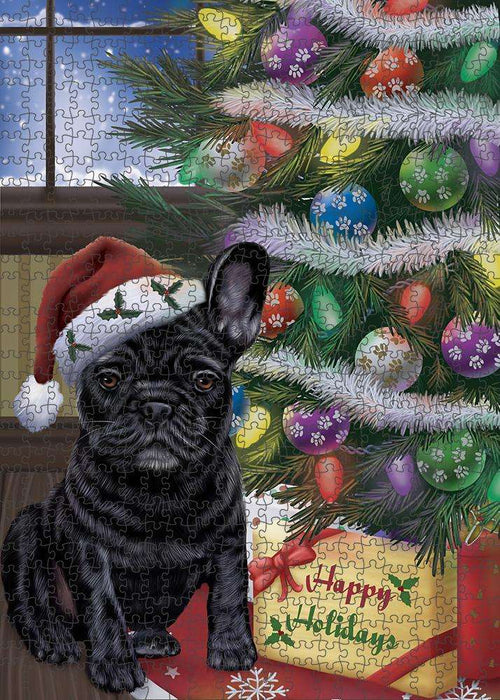 Christmas Happy Holidays French Bulldog with Tree and Presents Puzzle with Photo Tin PUZL82476