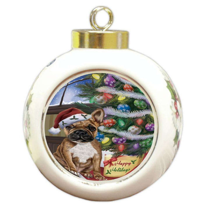 Christmas Happy Holidays French Bulldog with Tree and Presents Round Ball Christmas Ornament RBPOR53829