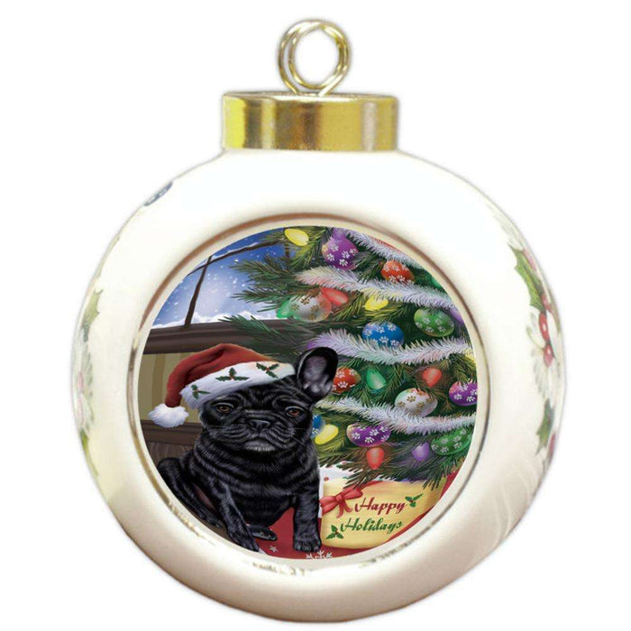 Christmas Happy Holidays French Bulldog with Tree and Presents Round Ball Christmas Ornament RBPOR53830