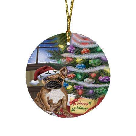 Christmas Happy Holidays French Bulldog with Tree and Presents Round Flat Christmas Ornament RFPOR53820
