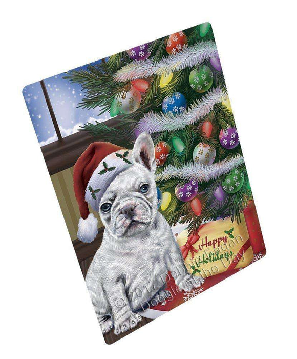 Christmas Happy Holidays French Bulldogs Dog with Tree and Presents Art Portrait Print Woven Throw Sherpa Plush Fleece Blanket