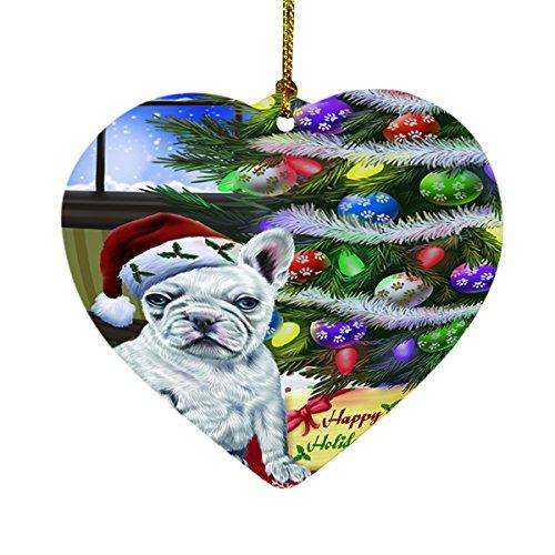 Christmas Happy Holidays French Bulldogs Dog with Tree and Presents Heart Ornament D064