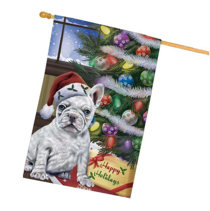Christmas Happy Holidays French Bulldogs Dog with Tree and Presents House Flag