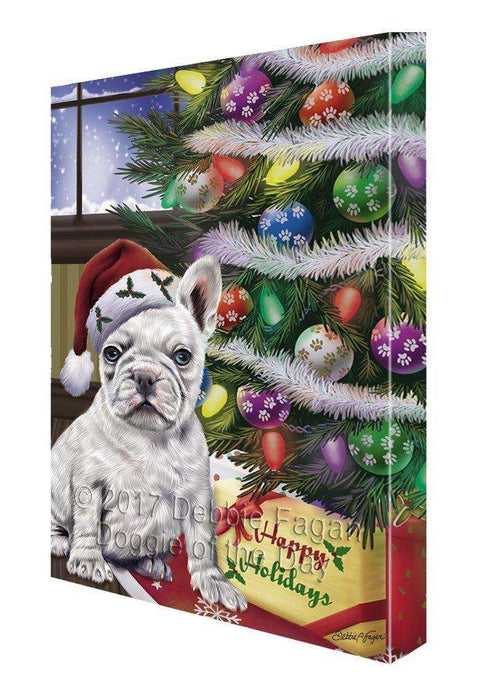 Christmas Happy Holidays French Bulldogs Dog with Tree and Presents Painting Printed on Canvas Wall Art