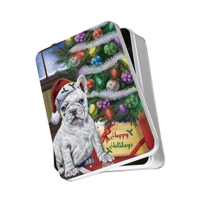 Christmas Happy Holidays French Bulldogs Dog with Tree and Presents Photo Storage Tin