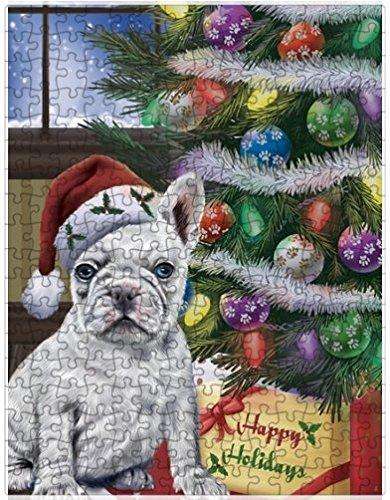 Christmas Happy Holidays French Bulldogs Dog with Tree and Presents Puzzle with Photo Tin
