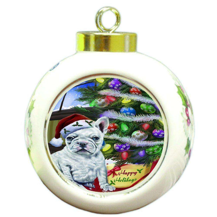 Christmas Happy Holidays French Bulldogs Dog with Tree and Presents Round Ball Ornament D064