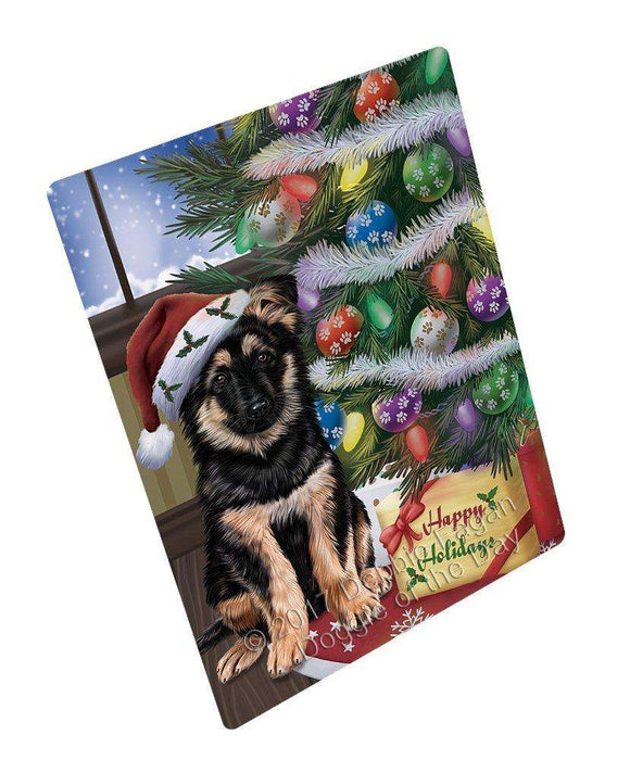 Christmas Happy Holidays German Shepherd Dog with Tree and Presents Art Portrait Print Woven Throw Sherpa Plush Fleece Blanket