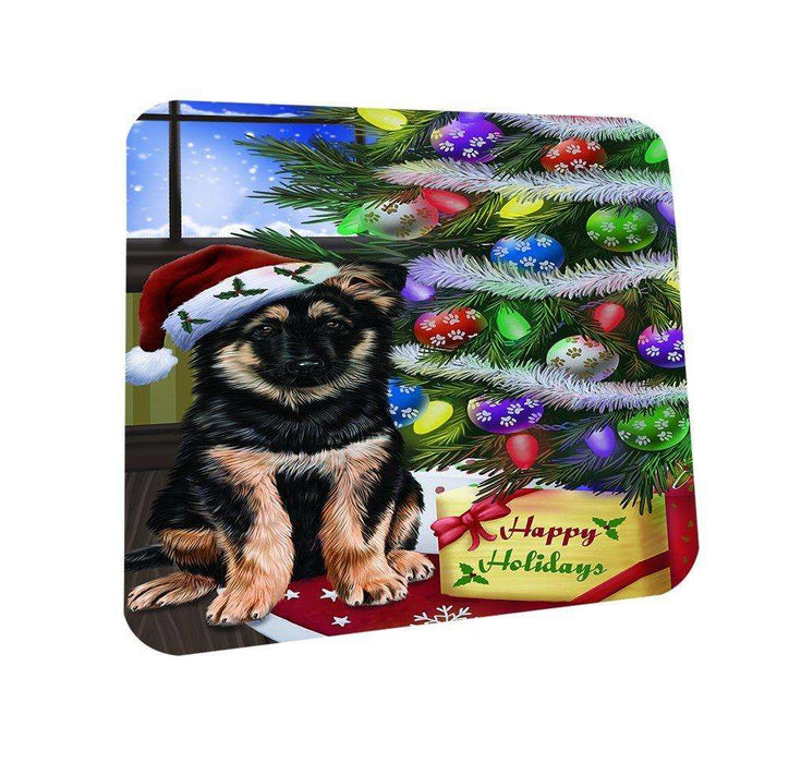 Christmas Happy Holidays German Shepherd Dog with Tree and Presents Coasters Set of 4