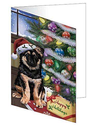 Christmas Happy Holidays German Shepherd Dog with Tree and Presents Handmade Artwork Assorted Pets Greeting Cards and Note Cards with Envelopes for All Occasions and Holiday Seasons