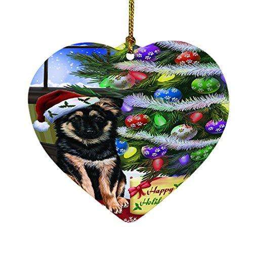 Christmas Happy Holidays German Shepherd Dog with Tree and Presents Heart Ornament D065