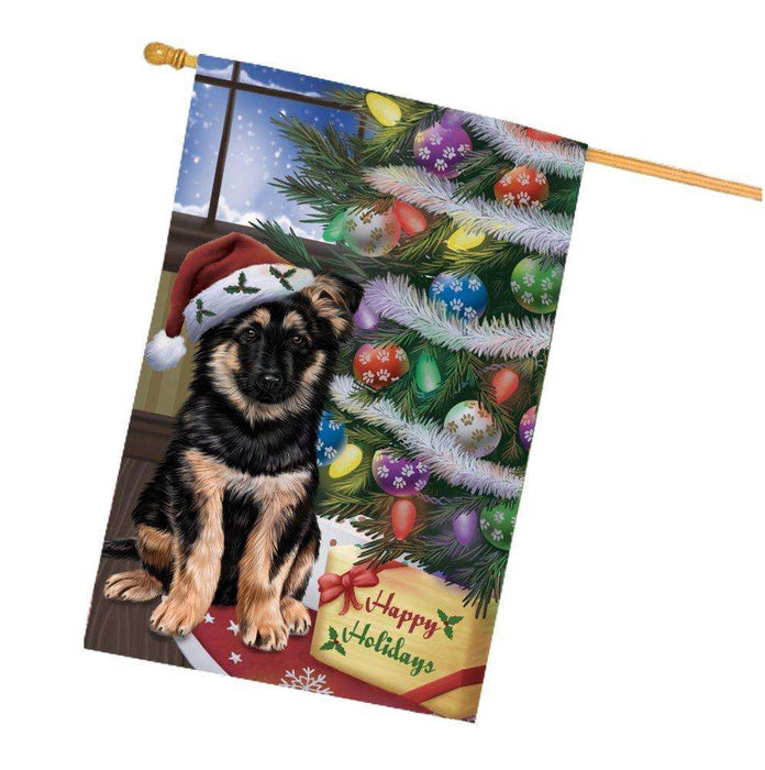 Christmas Happy Holidays German Shepherd Dog with Tree and Presents House Flag