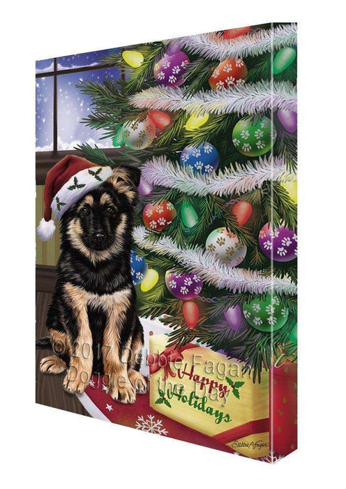 Christmas Happy Holidays German Shepherd Dog with Tree and Presents Painting Printed on Canvas Wall Art