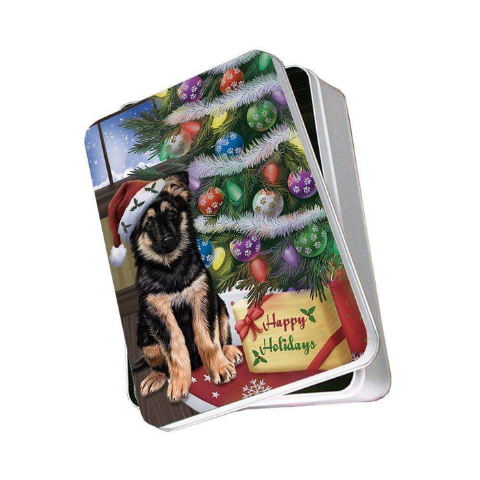 Christmas Happy Holidays German Shepherd Dog with Tree and Presents Photo Storage Tin