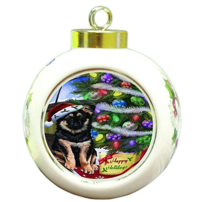 Christmas Happy Holidays German Shepherd Dog with Tree and Presents Round Ball Ornament D065