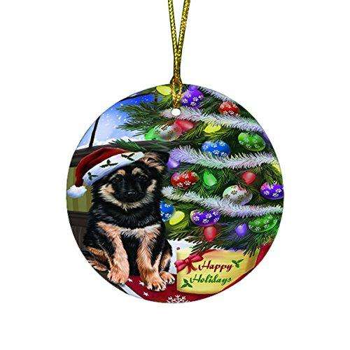 Christmas Happy Holidays German Shepherd Dog with Tree and Presents Round Ornament D065