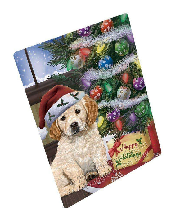 Christmas Happy Holidays Golden Retrievers Dog with Tree and Presents Art Portrait Print Woven Throw Sherpa Plush Fleece Blanket