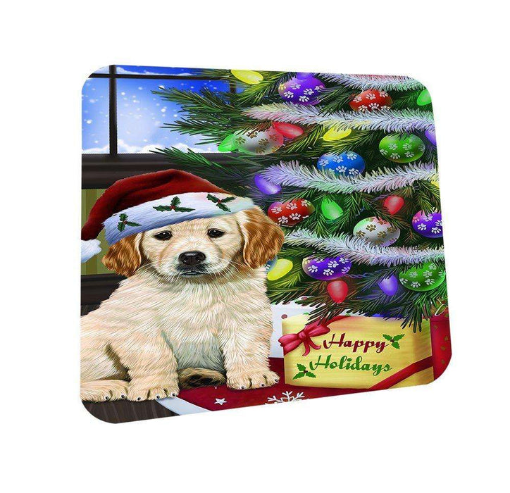 Christmas Happy Holidays Golden Retrievers Dog with Tree and Presents Coasters Set of 4