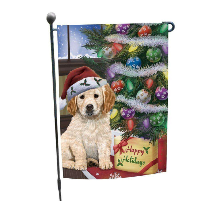 Christmas Happy Holidays Golden Retrievers Dog with Tree and Presents Garden Flag